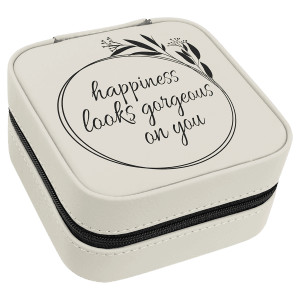 4" X 4" White/Black Engraved Faux Leather Travel Jewelry Box with Black Lining
