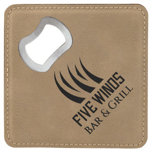 4" x 4" Square Light Brown Engraved Faux Leather Bottle Opener Coaster
