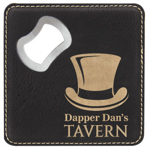 4" x 4" Square Black/Gold Engraved Faux Leather Bottle Opener Coaster