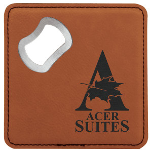 4" x 4" Square Rawhide Engraved Faux Leather Bottle Opener Coaster