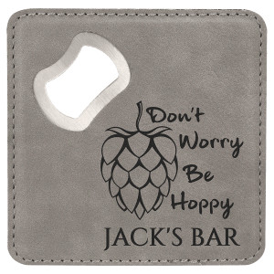 4" x 4" Square Gray Engraved Faux Leather Bottle Opener Coaster