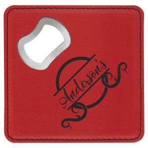 4" x 4" Square Red Engraved Faux Leather Bottle Opener Coaster