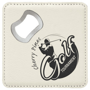 4" x 4" Square White Engraved Faux Leather Bottle Opener Coaster