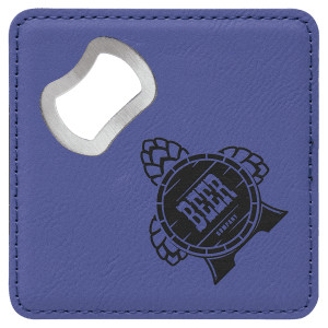 4" x 4" Square Purple Engraved Faux Leather Bottle Opener Coaster