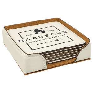 4" x 4" White Square Engraved Faux Leather 6-Coaster Set
