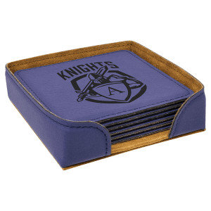 4" x 4" Purple Square Engraved Faux Leather 6-Coaster Set