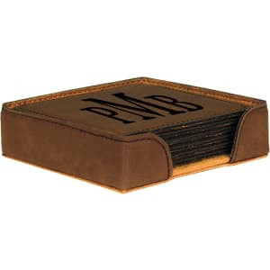 4" x 4" Dark Brown Square Engraved Faux Leather 6-Coaster Set