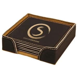 4" x 4" Black/Gold Square Engraved Faux Leather 6-Coaster Set