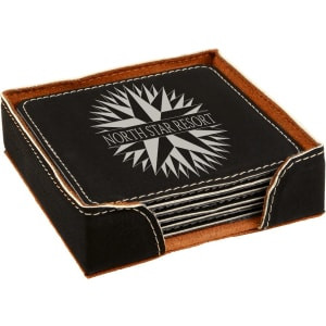 4" x 4" Black/Silver Square Engraved Faux Leather 6-Coaster Set