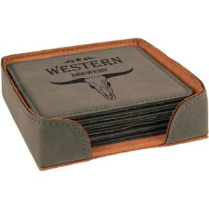 4" x 4" Gray Square Engraved Faux Leather 6-Coaster Set