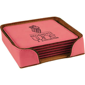 4" x 4" Pink Square Engraved Faux Leather 6-Coaster Set