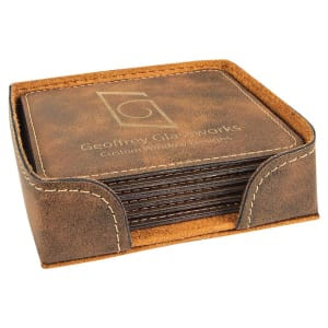 4" x 4" Rustic/Gold Square Engraved Faux Leather 6-Coaster Set