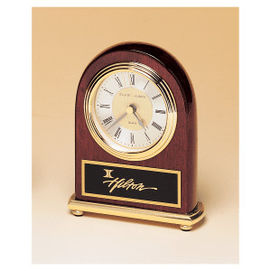 4" x 5" Rosewood Arch Piano Finish Clock, Brass Base, Diamond Spun Dial, 3 Hand Movement with Black Custom Engraved Plate