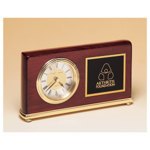 4" x 7 5/8" Rosewood Piano Finish Clock, Brass Base, Diamond Spun Dial, 3 Hand Movement with Black Custom Engraved Plate