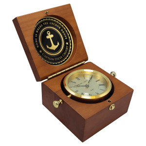 5 1/2" x 5 1/2" Mahogany Finish Captain's Clock, Brass Clock Housing, 4 1/4" Diameter Brass Disc/Plate