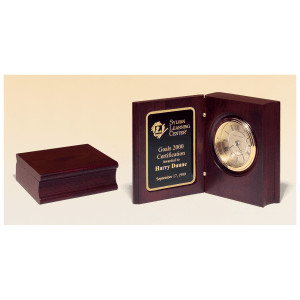 5 3/8" x 4 1/4" Hand Rubbed Mahogany Finish Book Clock w/Gold Spun Dial, 3 Hand Movement, Plate