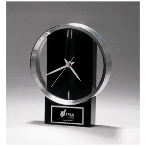 5 5/8" x 7 3/4" Modern Design Clock with Brushed Silver Bezel, Black High Gloss Base, Black Plate