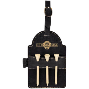 5" x 3 1/4" Black/Gold  Engraved Faux Leather Golf Bag Tag with 3 Wooden Tees