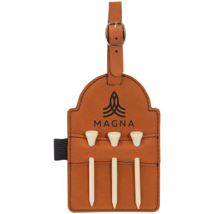 5" x 3 1/4" Rawhide Engraved Faux Leather Golf Bag Tag with 3 Wooden Tees