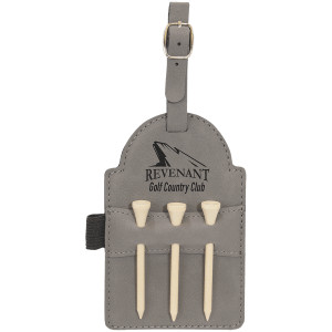 5" x 3 1/4" Gray Engraved Faux Leather Golf Bag Tag with 3 Wooden Tees