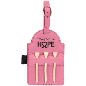 5" x 3 1/4" Pink Engraved Faux Leather Golf Bag Tag with 3 Wooden Tees