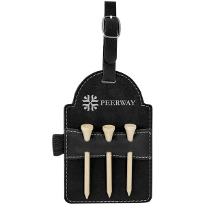 5" x 3 1/4" Black/Silver Engraved Faux Leather Golf Bag Tag with 3 Wooden Tees