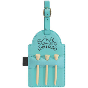5" x 3 1/4" Teal Engraved Faux Leather Golf Bag Tag with 3 Wooden Tees