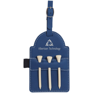 5" x 3 1/4" Blue/Silver Engraved Faux Leather Golf Bag Tag with 3 Wooden Tees