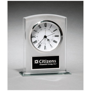 5" x 6 1/4" Glass Clock with Frosted Top, Polished Edge and Base with Black Plate
