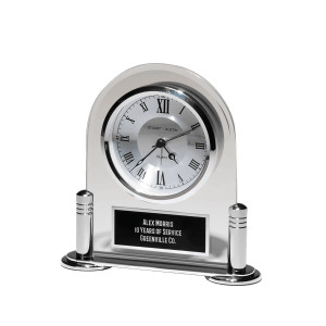 6 1/8" x 6" Desk Clock with Beveled Glass Upright, Silver Metal Base, 3 Hand Movement Black Plate