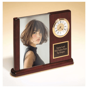 6 3/4" x 8 1/2" Rosewood Piano Finish Clock with Glass Picture Frame/Black Plate