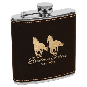 6 oz. Black/Gold Engraved Faux Leather Stainless Steel Flask