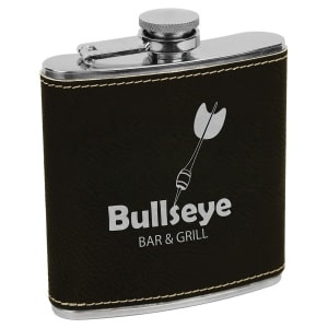 6 oz. Black/Silver Engraved Faux Leather Stainless Steel Flask