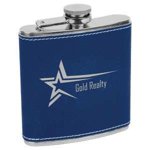 6 oz. Blue/Silver Engraved Faux Leather Stainless Steel Flask