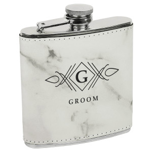 6 oz.White Marble Engraved Faux Leather Stainless Steel Flask
