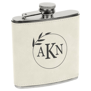 6 oz. White/Black Engraved Faux Leather Stainless Steel Flask