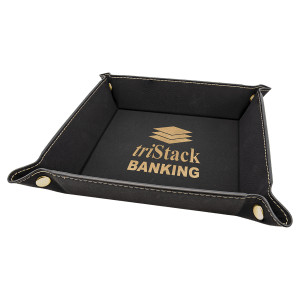 6" x 6" Black/Gold Engraved Faux Leather Snap Up Tray with Gold Snaps