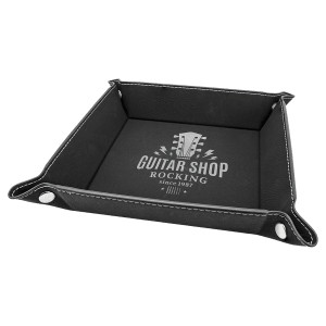 6" x 6" Black/Silver Engraved Faux Leather Snap Up Tray with Silver Snaps