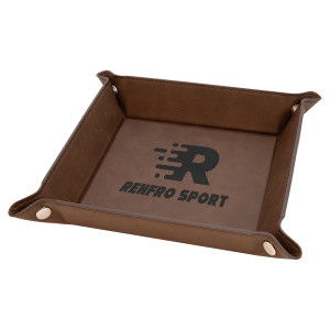 6" x 6" Dark Brown Engraved Faux Leather Snap Up Tray with Silver Snaps
