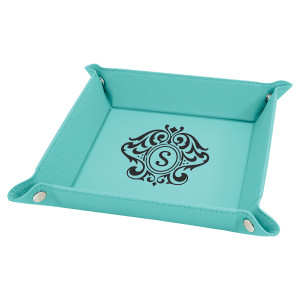 6" x 6" Teal Engraved Faux Leather Snap Up Tray with Silver Snaps