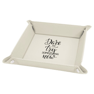 6" x 6" White Engraved Faux Leather Snap Up Tray with Silver Snaps