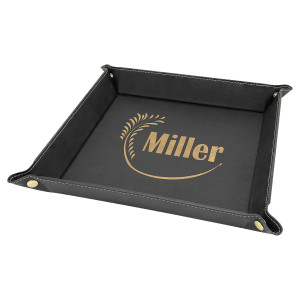 9" x 9" Black/Gold Engraved Faux Leather Snap Up Tray with Gold Snaps