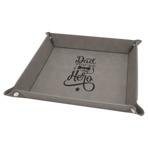 9" x 9" Gray Engraved Faux Leather Snap Up Tray with Silver Snaps