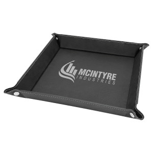 9" x 9" Black/Silver Engraved Faux Leather Snap Up Tray with Silver Snaps