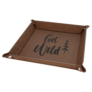 9" x 9" Dark Brown Engraved Faux Leather Snap Up Tray with Silver Snaps