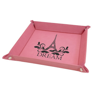 9" x 9" Pink Engraved Faux Leather Snap Up Tray with Silver Snaps