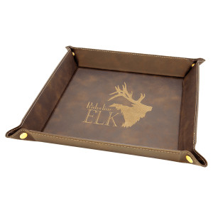 9" x 9" Rustic/Gold Engraved Faux Leather Snap Up Tray with Gold Snaps