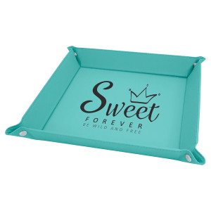 9" x 9" Teal Engraved Faux Leather Snap Up Tray with Silver Snaps