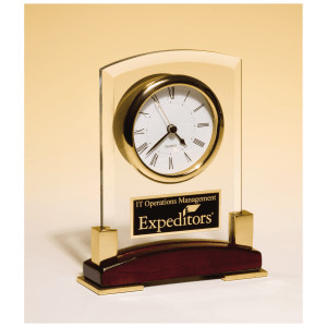 6 x 7 3/4" Beveled Glass Desk Clock, Rosewood Piano Finish Base, Gold MetalAccent with Black Plate