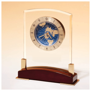 6" x 7 3/4" Glass Clock with World Time Dial on Piano Finish Base-Plate NotIncluded